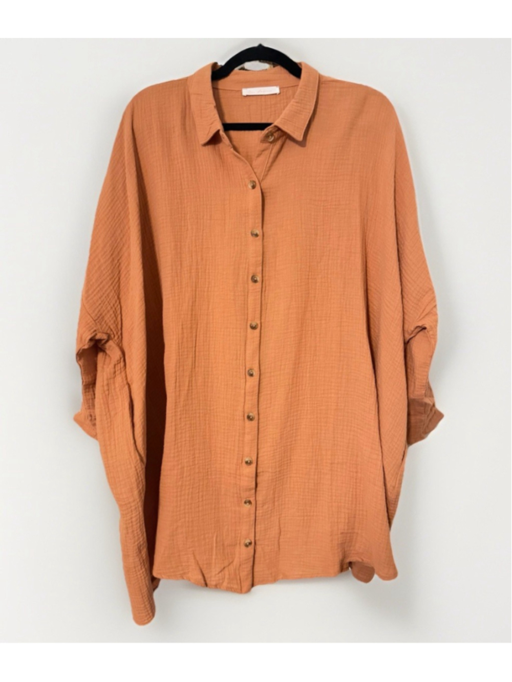 Ces Femme Cotton Gauze Button Front Tunic Top L Burnt Orange Oversized Boho